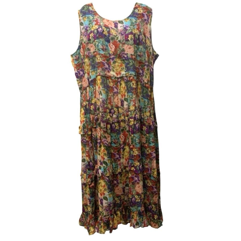 Vintage Adrian Jordan Floral Tiered Midi Dress Cotton Cottagecore Boho 22/24